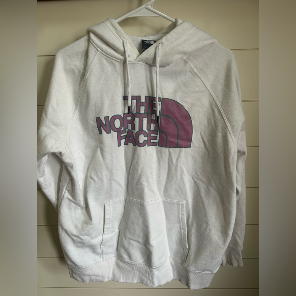 The North Face White Hoodie with Purple Logo
